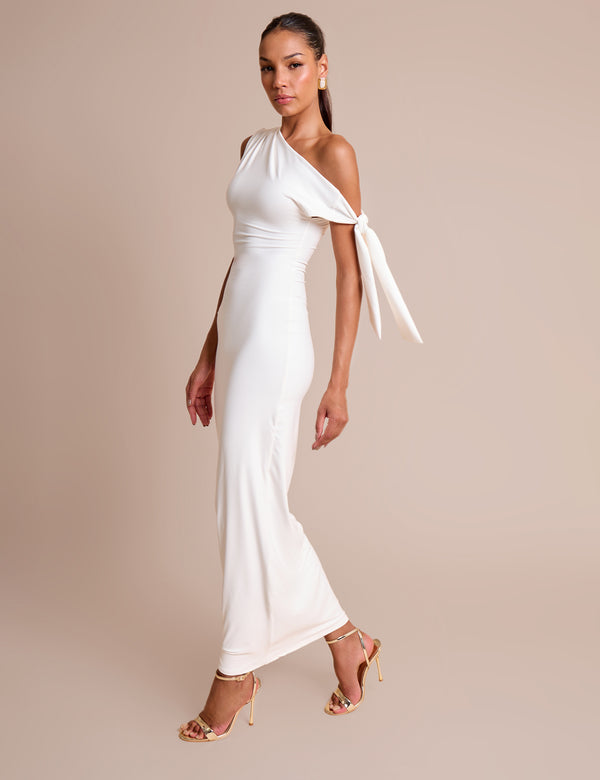 Public Desire Knot Detail Asymmetric One Shoulder Luxe Slinky Maxi Dress White