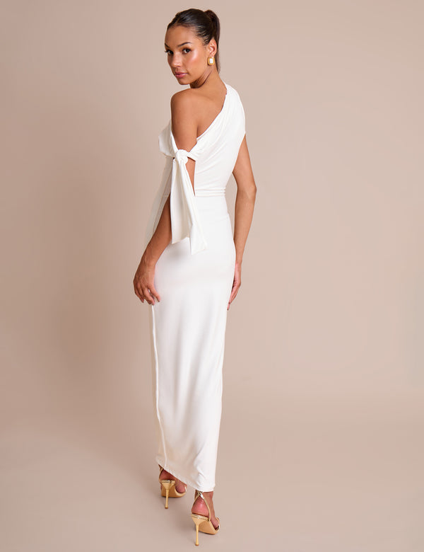 Public Desire Knot Detail Asymmetric One Shoulder Luxe Slinky Maxi Dress White
