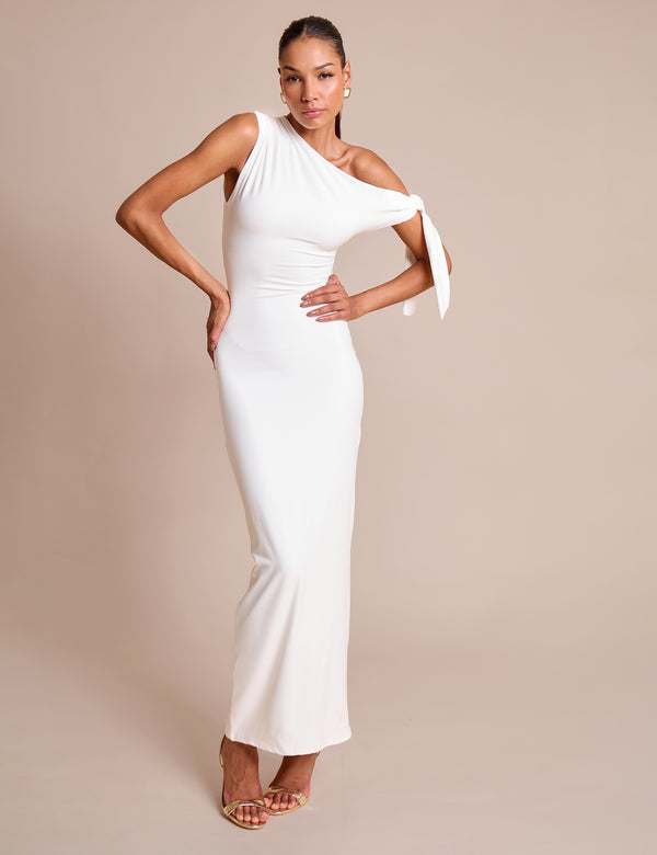 public desire Knot Detail Asymmetric One Shoulder Luxe Slinky Maxi Dress White