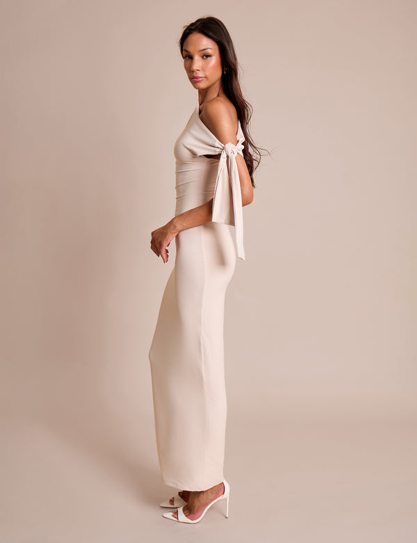 Public Desire Knot Detail Asymmetric One Shoulder Luxe Slinky Maxi Dress Stone