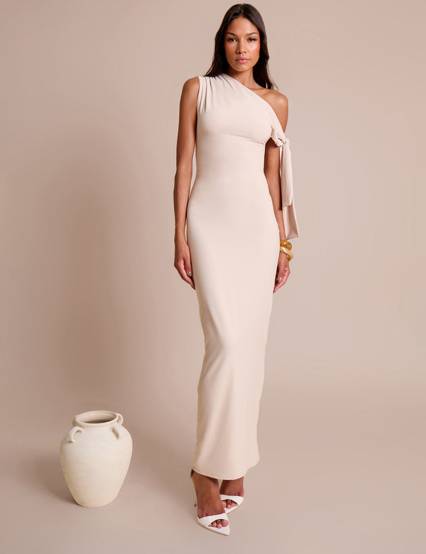 public desire Knot Detail Asymmetric One Shoulder Luxe Slinky Maxi Dress Stone