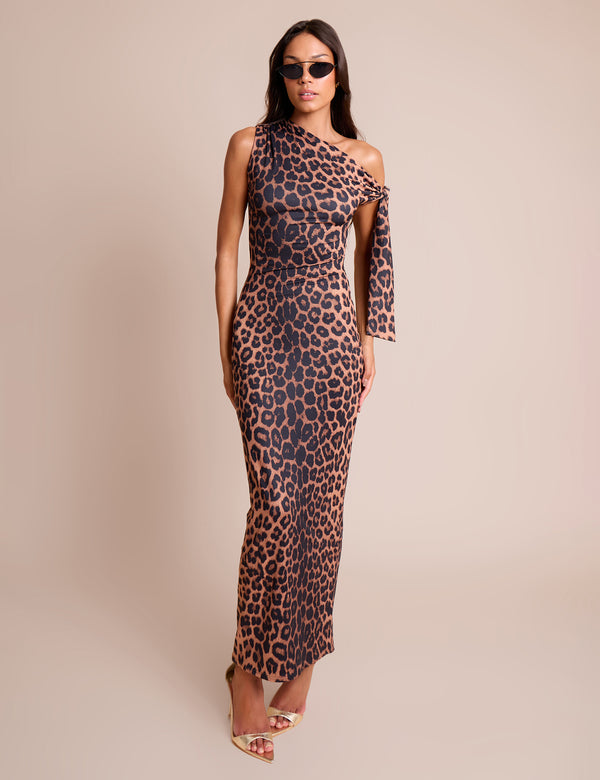 public desire Knot Detail Asymmetric One Shoulder Luxe Slinky Maxi Dress Leopard