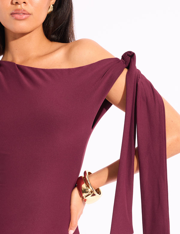 Public Desire Knot Detail Asymmetric One Shoulder Luxe Slinky Mini Dress Burgundy