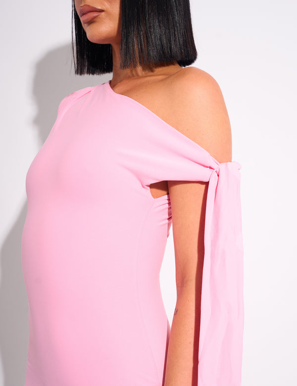 Public Desire Knot Detail Asymmetric One Shoulder Luxe Slinky Mini Dress Pink