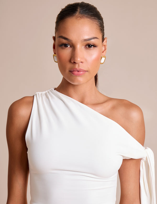 Public Desire Knot Detail Asymmetric One Shoulder Luxe Slinky Top White