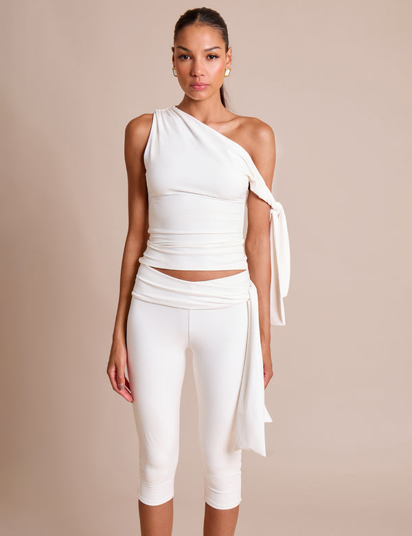 public desire Knot Detail Asymmetric One Shoulder Luxe Slinky Top White