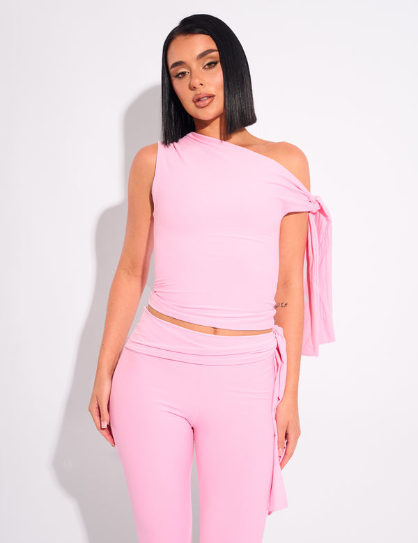 public desire Knot Detail Asymmetric One Shoulder Luxe Slinky Top Pink