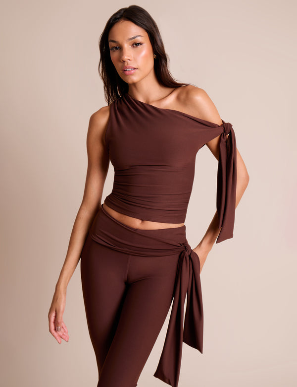 public desire Knot Detail Asymmetric One Shoulder Luxe Slinky Top Chocolate