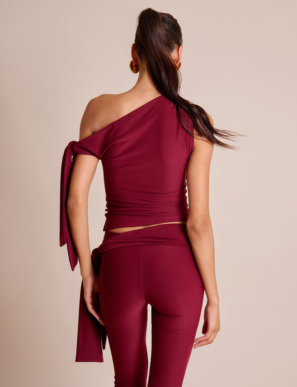 Public Desire Knot Detail Asymmetric One Shoulder Luxe Slinky Top Burgundy