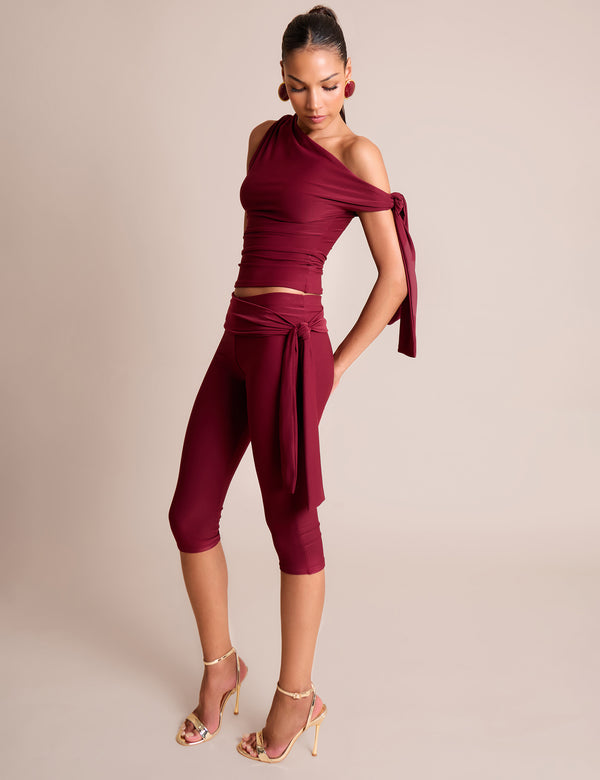 Public Desire Knot Detail Asymmetric One Shoulder Luxe Slinky Top Burgundy