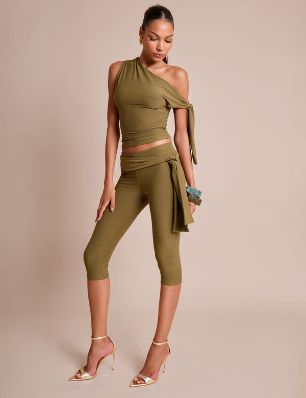 Public Desire Knot Detail Asymmetric One Shoulder Luxe Slinky Top Khaki