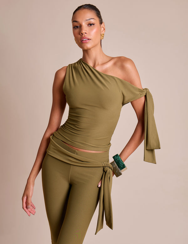 public desire Knot Detail Asymmetric One Shoulder Luxe Slinky Top Khaki