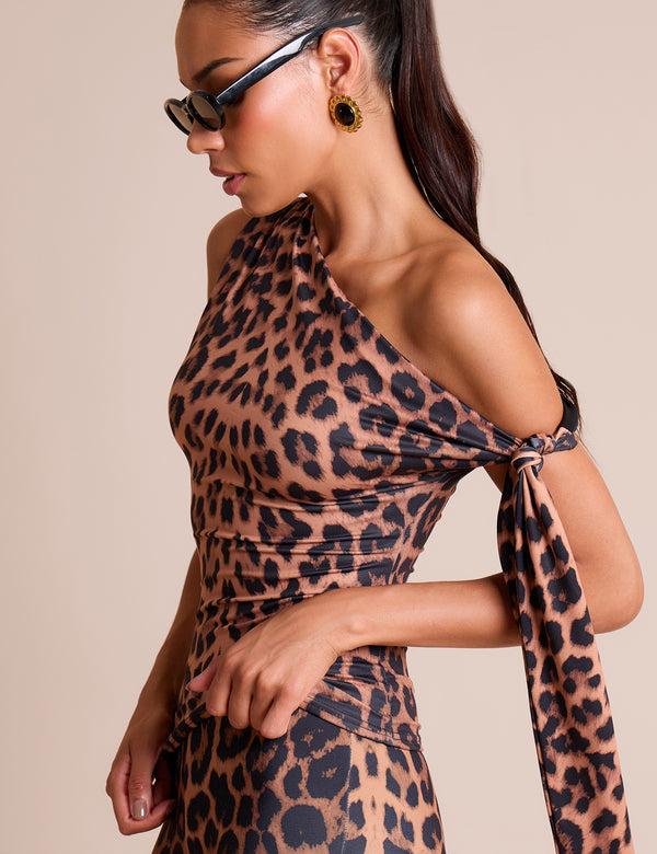 Public Desire Knot Detail Asymmetric One Shoulder Luxe Slinky Top Leopard