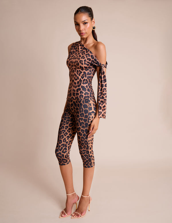 Public Desire Knot Detail Asymmetric One Shoulder Luxe Slinky Top Leopard