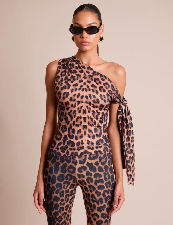 public desire Knot Detail Asymmetric One Shoulder Luxe Slinky Top Leopard