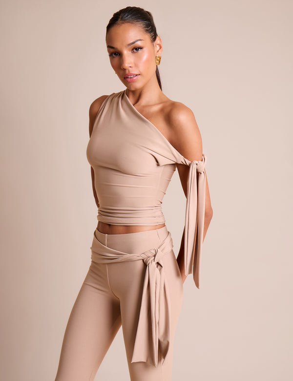 public desire Knot Detail Asymmetric One Shoulder Luxe Slinky Top Stone