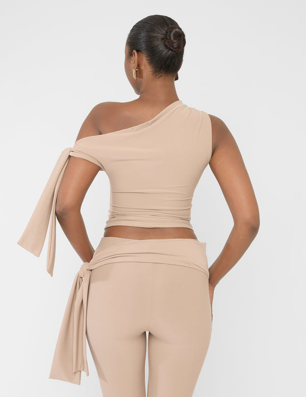 Public Desire Knot Detail Asymmetric One Shoulder Luxe Slinky Top Latte