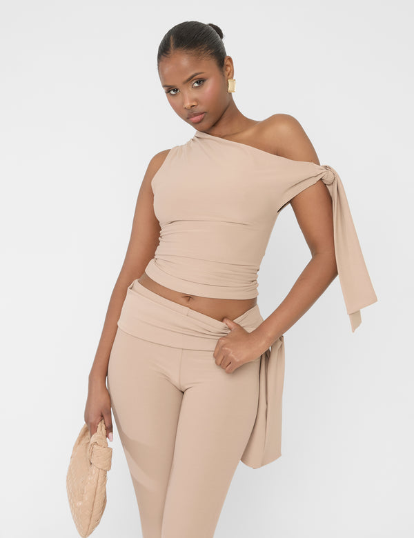 Public Desire Knot Detail Asymmetric One Shoulder Luxe Slinky Top Latte