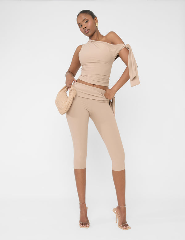 Public Desire Knot Detail Asymmetric One Shoulder Luxe Slinky Top Latte