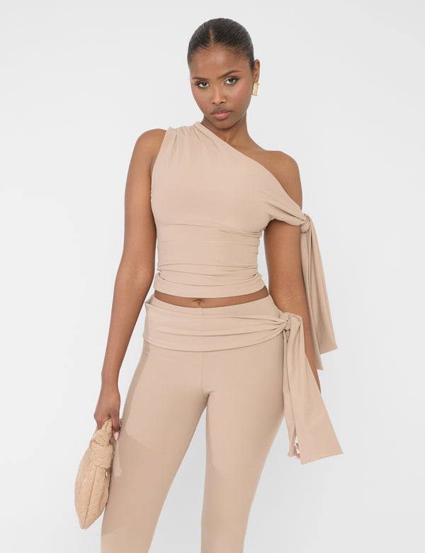 public desire Knot Detail Asymmetric One Shoulder Luxe Slinky Top Latte