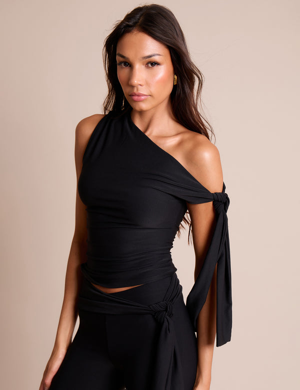 public desire Knot Detail Asymmetric One Shoulder Luxe Slinky Top Black