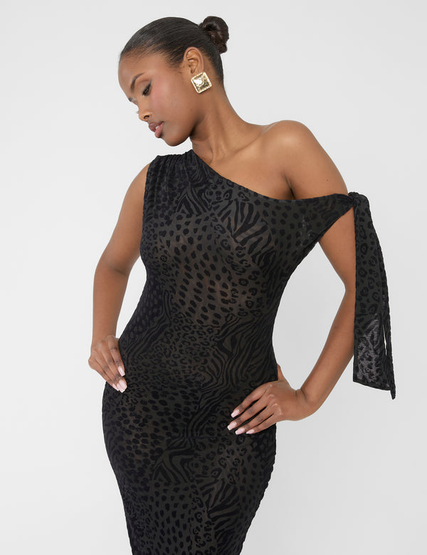 Public Desire Knot Detail Asymmetric One Shoulder Maxi Dress Devore Leopard Black