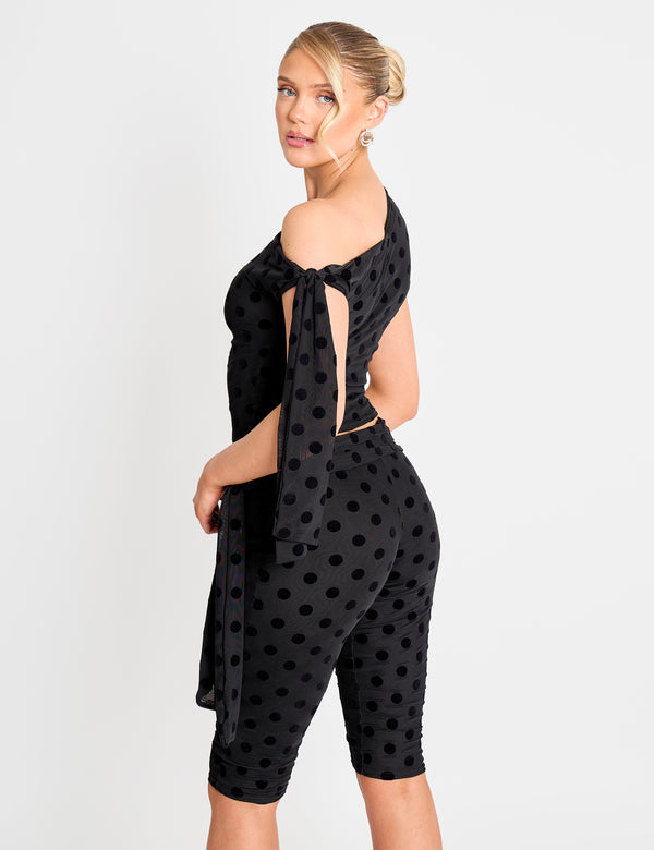 Public Desire Knot Detail Asymmetric One Shoulder Polka Dot Devore Top Black