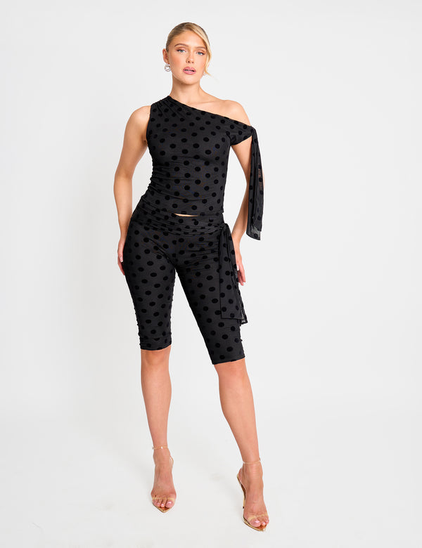 Public Desire Knot Detail Asymmetric One Shoulder Polka Dot Devore Top Black