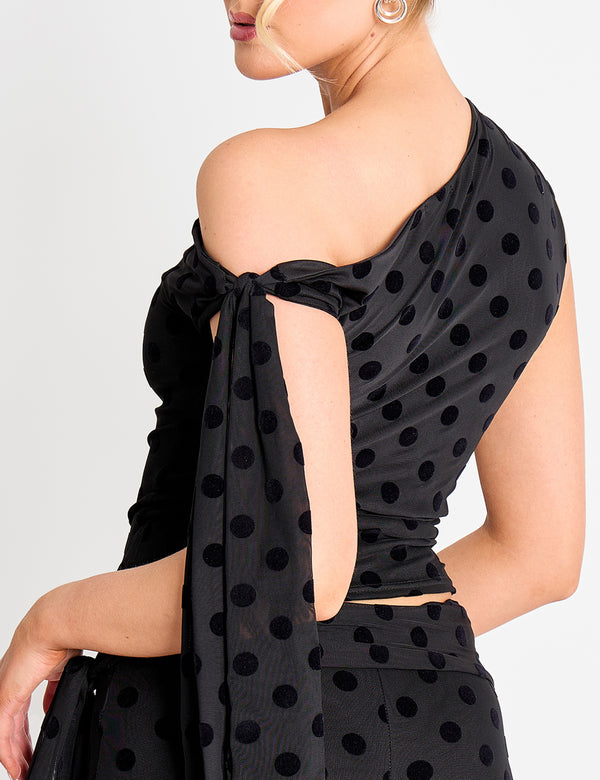 Public Desire Knot Detail Asymmetric One Shoulder Polka Dot Devore Top Black