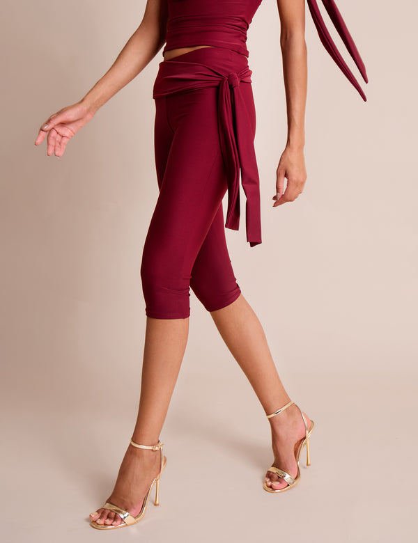 Public Desire Knot Detail Tie Side Luxe Slinky Capri Pants Burgundy