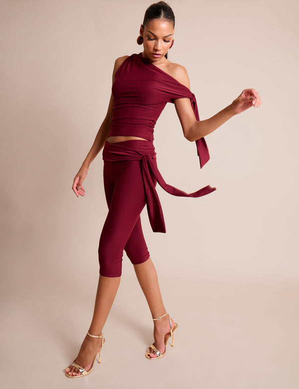public desire Knot Detail Tie Side Luxe Slinky Capri Pants Burgundy