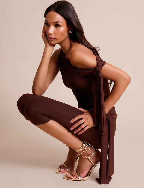 Public Desire Knot Detail Tie Side Luxe Slinky Capri Pants Chocolate