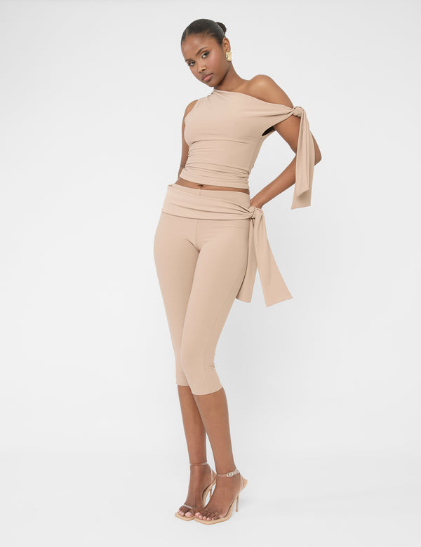Public Desire Knot Detail Tie Side Luxe Slinky Capri Pants Latte