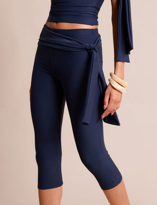 Public Desire Knot Detail Tie Side Luxe Slinky Capri Pants Navy