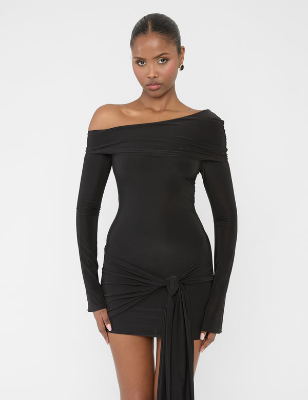 Public Desire Knot Drape Detail Slinky Long Sleeve Mini Dress Black