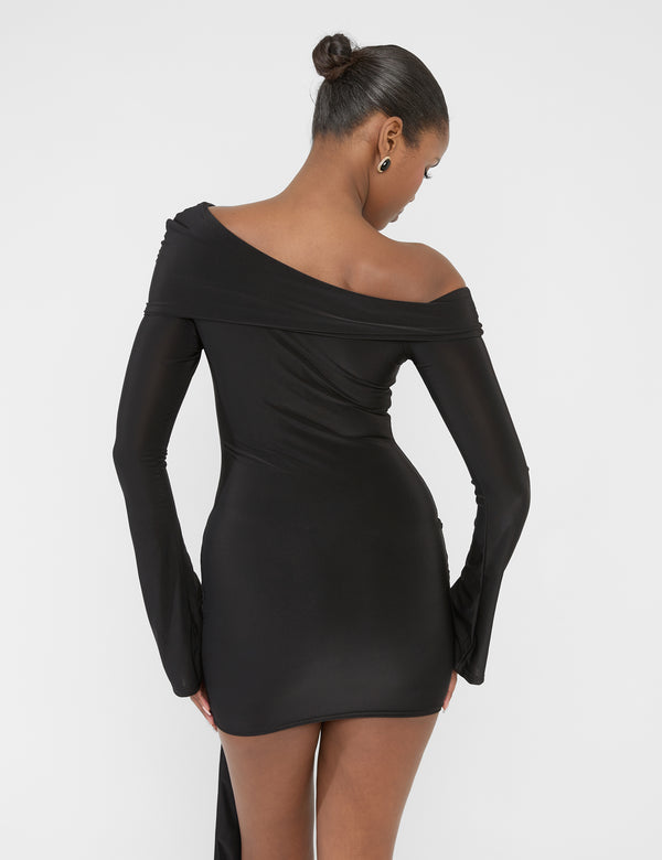 Public Desire Knot Drape Detail Slinky Long Sleeve Mini Dress Black