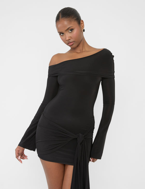 Public Desire Knot Drape Detail Slinky Long Sleeve Mini Dress Black