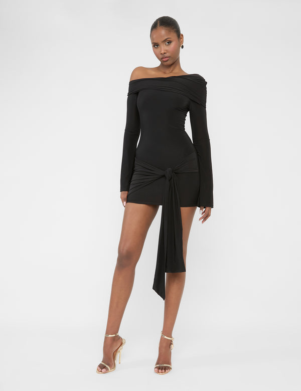 public desire Knot Drape Detail Slinky Long Sleeve Mini Dress Black