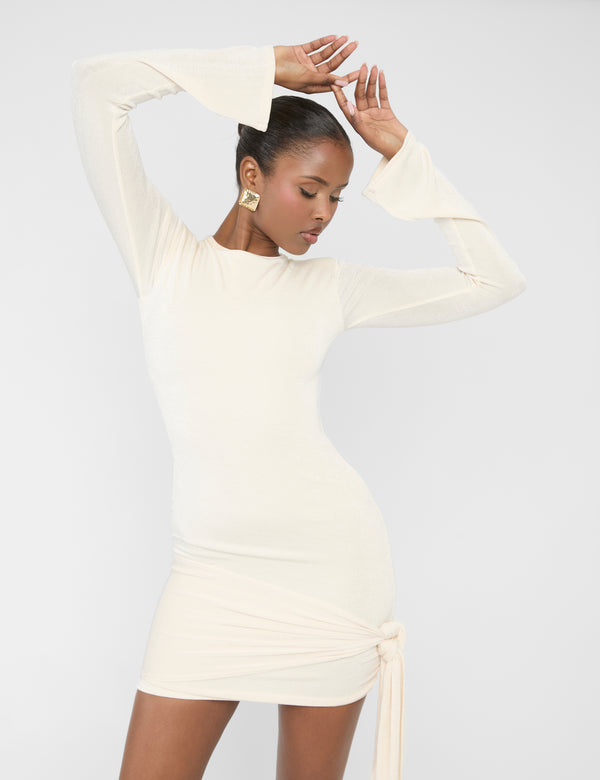 Public Desire Knot Drape Padded Shoulder Long Sleeve Mini Dress Cream