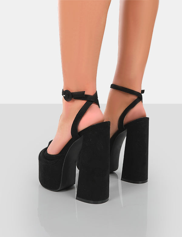 Public Desire Knot On Wide Fit Black Faux Suede Knotted Platform High Heeled Sandals