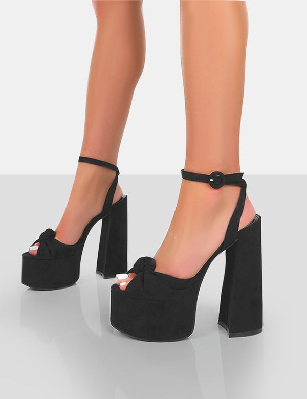 Public Desire Knot On Wide Fit Black Faux Suede Knotted Platform High Heeled Sandals