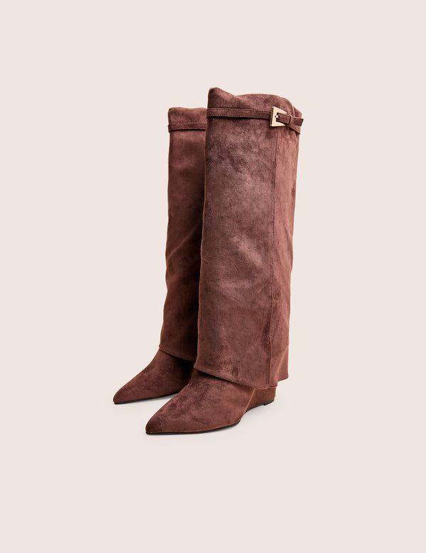 Public Desire Kola Brown Fold Over Buckle Detail Heeled Boots
