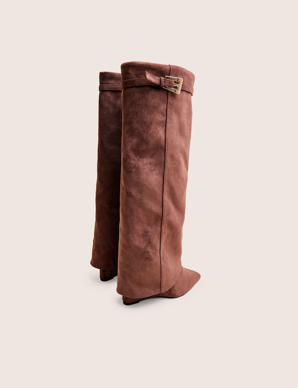 Public Desire Kola Brown Fold Over Buckle Detail Heeled Boots
