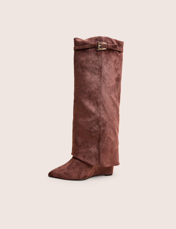 public desire Kola Brown Fold Over Buckle Detail Heeled Boots