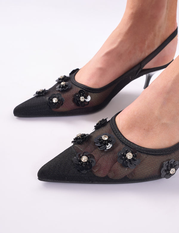 Public Desire Kyle Black Floral Embellishment Mesh Black Slingback Kitten Heel Court Shoes