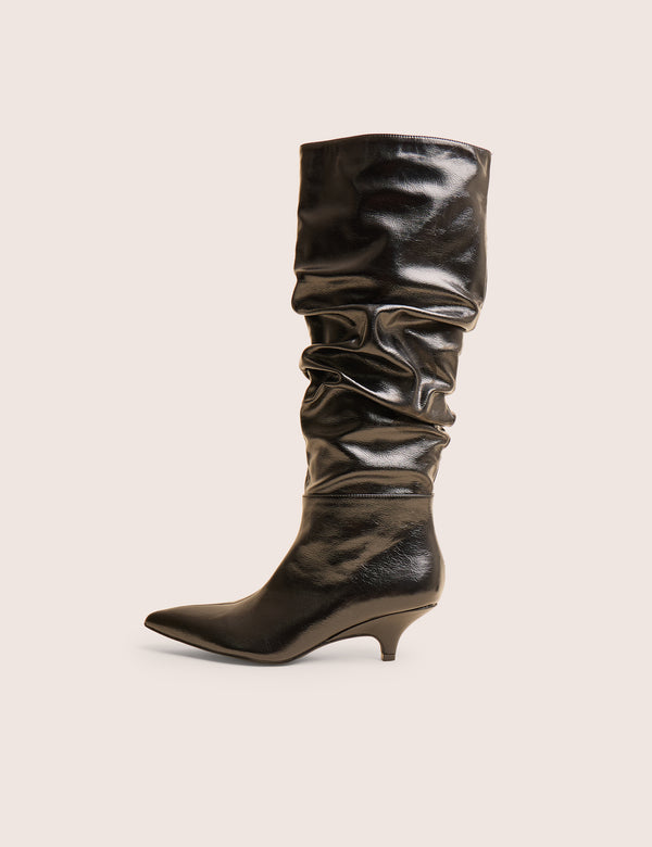 public desire La Dolce Vita Black Ruched Kitten Heel Knee High Boots