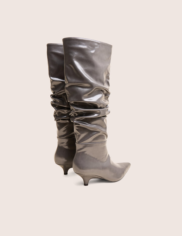 Public Desire La Dolce Vita Slate Grey Rouched Kitten Heel Knee High Boots