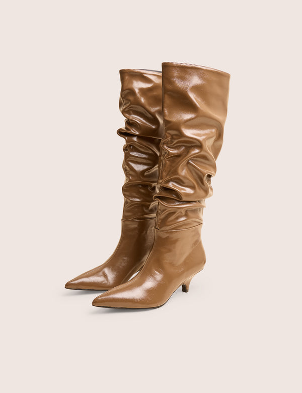 Public Desire La Dolce Vita Taupe Ruched Kitten Heel Knee High Boots