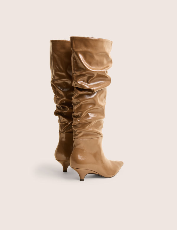 Public Desire La Dolce Vita Taupe Ruched Kitten Heel Knee High Boots