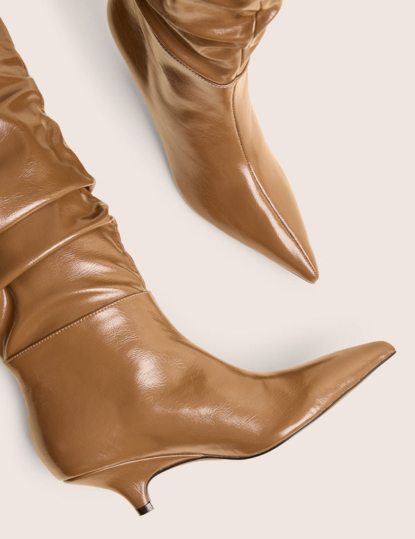 Public Desire La Dolce Vita Taupe Ruched Kitten Heel Knee High Boots